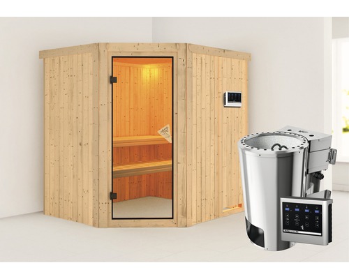 Sauna Plug & Play Karibu Silja avec poêle bio 3,6 kW et commande ext. sans couronne avec porte entièrement vitrée coloris bronze