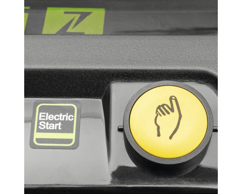 Detailansicht eines gelben Startknopfes und des Symbols ''Elektrostart''