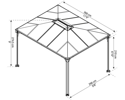 Technische Zeichnung eines Pavillons mit Maßangaben