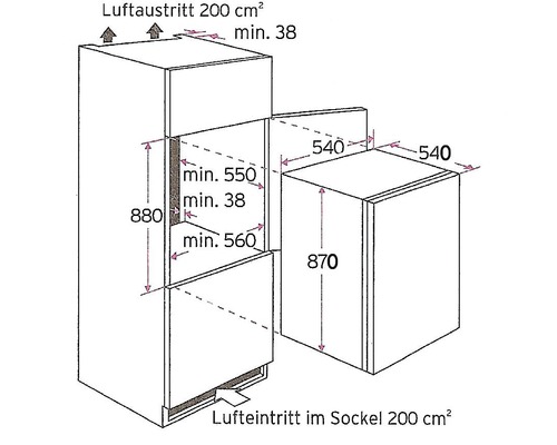 Maßzeichnung eines Kühlschranks mit detaillierten Abmessungen.