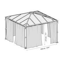 Illustration eines Pavillons mit Vorhängen und Maßangaben