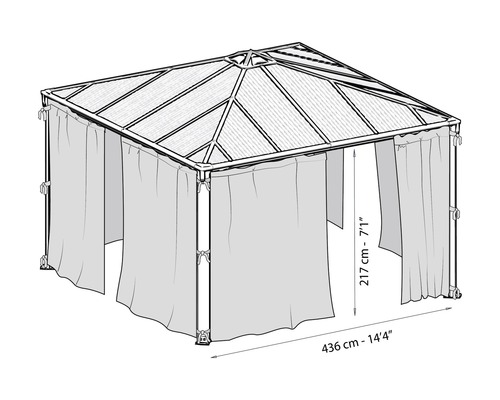 Illustration d''un pavillon avec rideaux et indications de taille