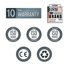 Zehn Jahre Garantie, Palram Testbild Top Gartenmarke 2020, ISO 14001 zertifiziertes Umweltmanagementsystem, ISO 9001 zertifiziertes Qualitätsmanagementsystem, ISO 45001 zertifiziertes Arbeitsschutzmanagementsystem, CE-Kennzeichnung, Recycling Symbol