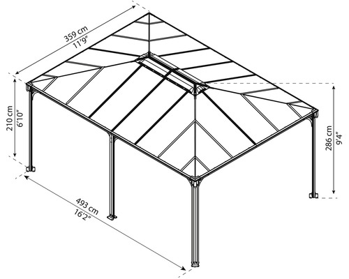 Illustration d''un pavillon de jardin avec des mesures de longueur, largeur et hauteur