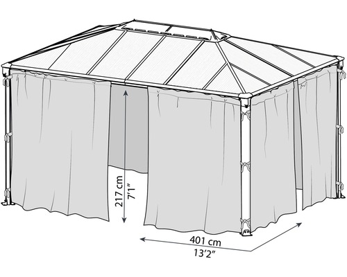 Pavillon avec rideaux et indications de dimensions