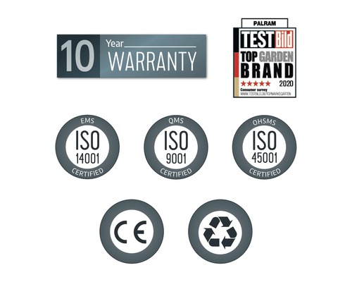 Garantie de dix ans, label Palram Test Bild Top Garden Brand 2020, ISO 14001, ISO 9001, ISO 45001, marquage CE, symbole de recyclage