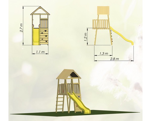 Technische Zeichnung eines Spielturms mit Rutsche und Kletterwand mit Maßangaben