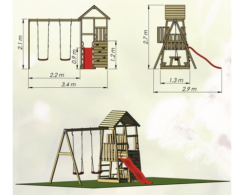 Image d''une tour de jeu avec balançoire et toboggan, avec indications de dimensions