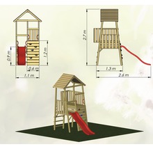 Illustration eines Spielturms mit Rutsche und Kletterwand mit Maßangaben
