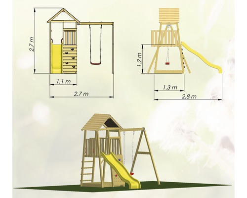 Spielplatz mit Schaukel, Rutsche und Kletterturm aus Holz mit Maßangaben