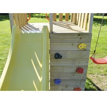 Tour de jeux abeille en bois avec mur d’escalade, balançoire, bac à sable et toboggan jaune-thumb-1