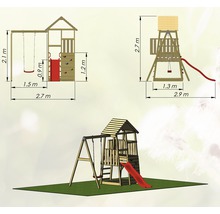 Spielturm Panda Holz mit Kletterwand, Schaukel, Sandkasten und Rutsche rot
