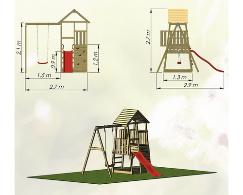 Tour de jeux avec balançoire, toboggan et mur d''escalade, vue latérale et vue de face avec dimensions