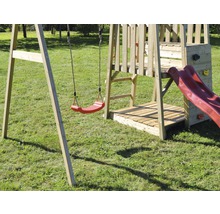 Spielturm Panda Holz mit Kletterwand, Schaukel, Sandkasten und Rutsche rot