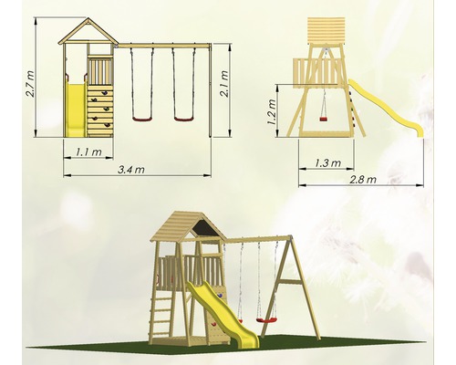 Illustration d''une tour de jeux avec balançoire et toboggan avec dimensions