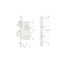 Schéma technique d''une serrure de porte avec indications de dimensions.
