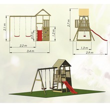 Dessin technique d''une tour de jeu en bois avec balançoire, toboggan et mur d''escalade avec dimensions