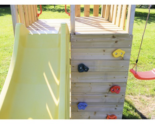 Spielturm mit Rutsche, Kletterwand und Schaukel