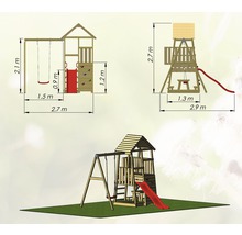 Tour de jeux gorille en bois avec mur d’escalade, balançoire, bac à sable, banc et toboggan rouge