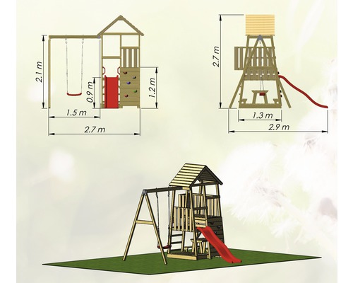 Image d''une aire de jeux avec balançoire et toboggan avec dimensions