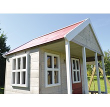 Spielhaus mit Veranda, Holzstruktur und rotem Dach