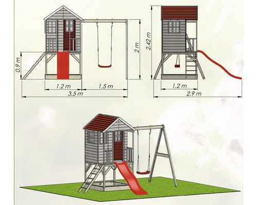 Technische Zeichnung eines Spielhauses mit Schaukel und Rutsche mit Maßangaben