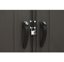 Gros plan de la porte d''un abri de jardin avec poignées et cadenas