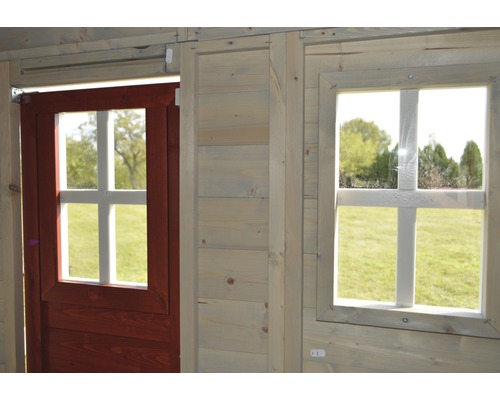 Gros plan d''une cabane de jeu avec porte et fenêtre en bois