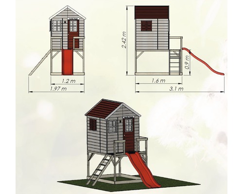 Schéma technique d''une cabane en bois avec toboggan et échelle avec dimensions