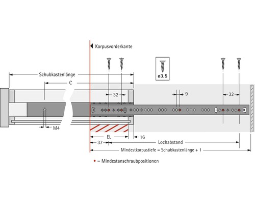 Technische Zeichnung einer Schubladenschiene mit Maßen