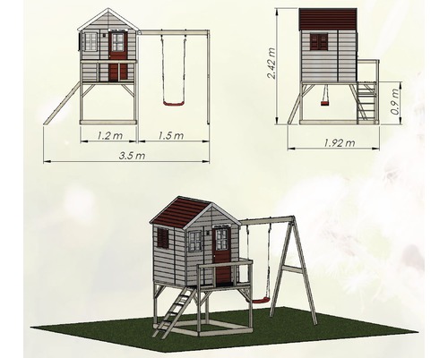 Illustration eines Spielhauses mit Schaukel und Maßangaben