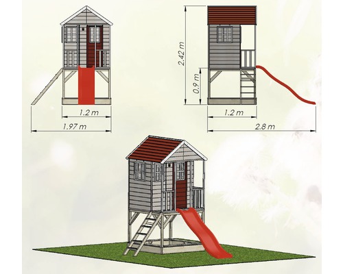 Illustration d''une cabane de jeu avec toboggan et échelle avec dimensions
