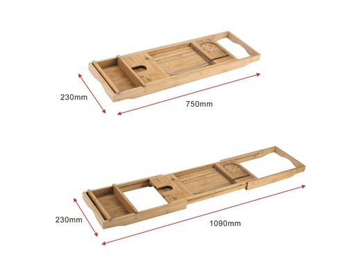 Tablette de bain en bambou à longueur variable, de 750 millimètres à 1090 millimètres