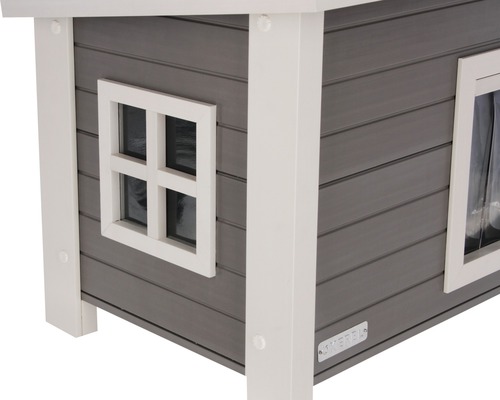 Vue détaillée d''une maison pour chat grise avec des accents blancs et une fenêtre