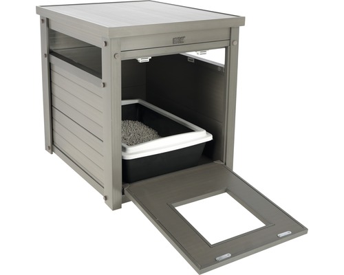 Maison pour chat avec porte ouverte et bac à litière