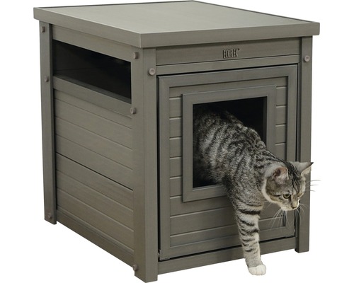 Toilettes pour chat en bois, avec un chat sortant de l''entrée