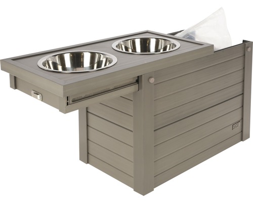 Futterstation mit zwei Edelstahlnäpfen und Schublade