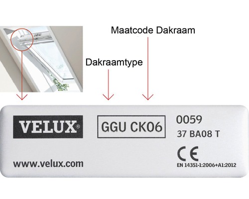 Informations sur la fenêtre de toit Velux, y compris la désignation du type et le code de dimension