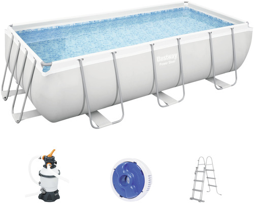 Kit piscine hors sol tubulaire Bestway Power Steel™ rectangulaire 404x201x100 cm avec groupe de filtration à sable et échelle gris