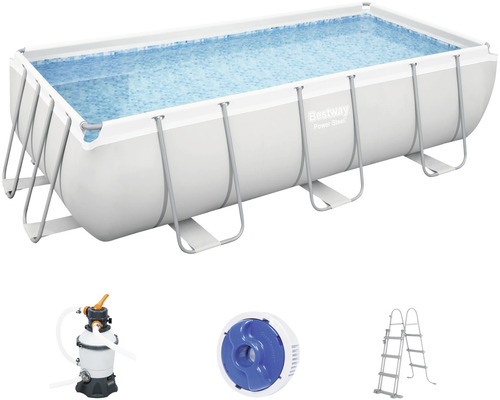 Aufstellpool Framepool-Set Bestway Power Steel™ eckig 404 x 201 x 100 cm inkl. Sandfilteranlage & Leiter grau Bestway Framepool Set mit Filterpumpe, Leiter und Zubehör