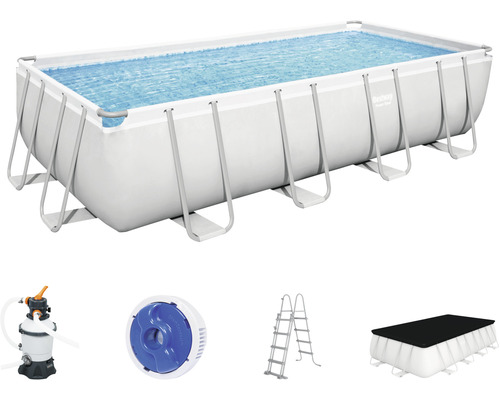 Kit de piscine hors sol, piscine tubulaire Bestway carré 488x244x122 cm avec groupe de filtration à sable, doseur ChemConnect, échelle et bâche de recouvrement gris