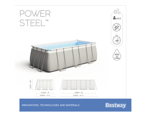 Power Steel Framepool mit Aufbauzeit, Personenzahl und Füllmenge