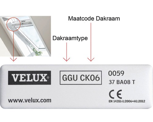Logo Velux avec informations sur le type de fenêtre de toit et le code de dimension