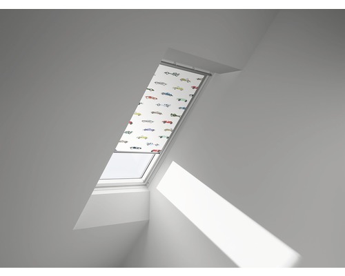 Store occultant VELUX Kids voitures de course à commande manuelle cadre blanc DKL C04 4654SWL