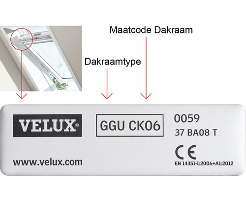 Plaque signalétique de fenêtre de toit VELUX avec code de dimension