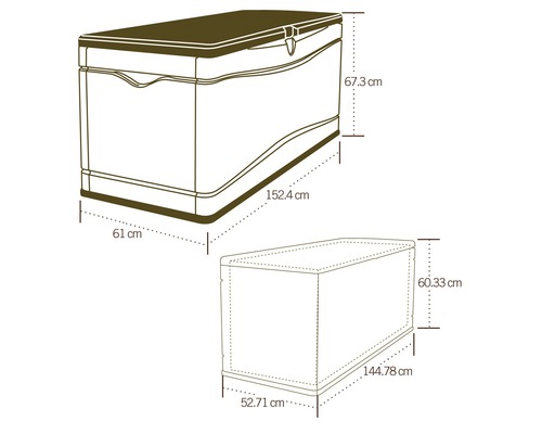 Schéma technique d''un coffre de rangement avec dimensions