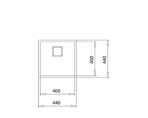 Zeichnung einer Spüle mit den Maßen 400 mal 400 Millimeter und 440 mal 440 Millimeter.
