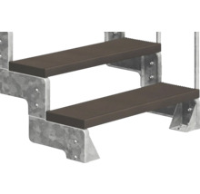 Zweistufige Treppe aus Metall mit braunen Stufenbelägen