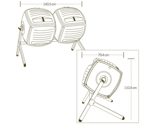 Composteur à double chambre avec dimensions de 143,5 cm de longueur, 79,4 cm de largeur et 110,4 cm de hauteur.