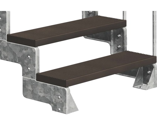 Zweistufige Treppe mit verzinktem Stahlrahmen und Trittstufen mit Rippenprofil